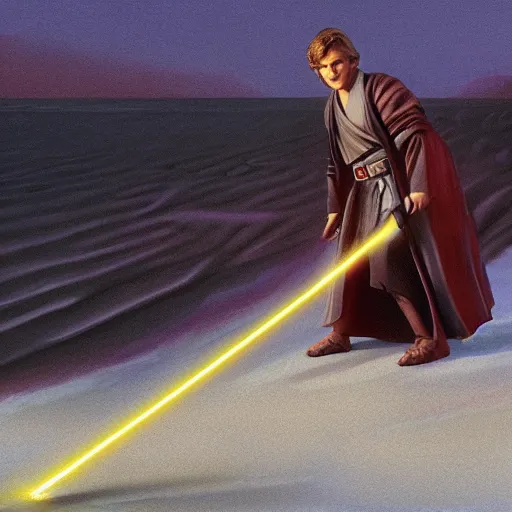 Image similar to anakin skywalker vacuuming the beach for sand, 4k, photorealistic,