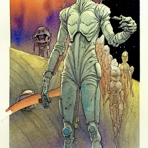 Image similar to a simple and atmospheric watercolour pulp sci - fi alien, very muted colors, by rebecca guay, michael kaluta, charles vess and jean moebius giraud