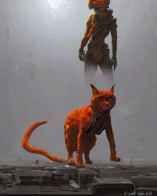Image similar to a highly detailed epic cinematic concept art CG render digital painting artwork: Evil Orange Cat with cybernetic implants. By Greg Rutkowski, in the style of Francis Bacon and Syd Mead and Norman Rockwell and Beksinski, open ceiling, highly detailed, painted by Francis Bacon and Edward Hopper, painted by James Gilleard, surrealism, airbrush, Ilya Kuvshinov, WLOP, Stanley Artgerm, very coherent, triadic color scheme, art by Takato Yamamoto and James Jean