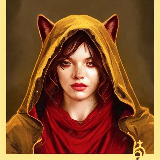 Prompt: Beautiful face Portrait of Little Red Riding Hood with a golden black panther, magic lighting, intricate, wild, highly detailed, digital painting, artstation, concept art, smooth, sharp focus, illustration, art by artgerm and greg rutkowski and alphonse mucha, footage from space camera