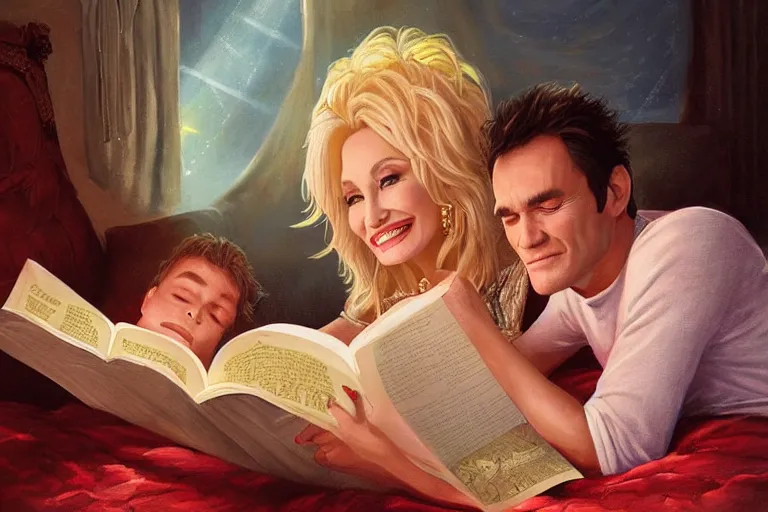 Image similar to portrait of dolly parton reading a bedtime story to jim carrey in bed, an oil painting by ross tran and thomas kincade