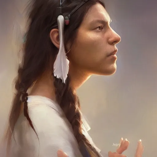 Prompt: Portrait of a Modern Native American Goddess as a nurse, white lighting, digital art by Ruan Jia and Mandy Jurgens and Artgerm, highly detailed, trending on artstation, award winning,