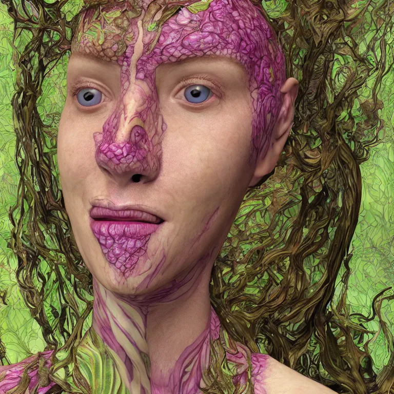 Prompt: a grinning shape shifting girl with reptile skin, plant patterns, her face looks like an orchid, she is the center of the garden, jan van eyck, ernst fuchs, egon schiele, trending on artstation, 8 k, award winning, facial symmetry, iris van herpen, unreal engine 4, high octane, ray tracing, psychedelic