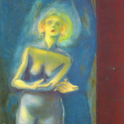 Image similar to A performance art. A rip in spacetime. Did this device in her hand open a portal to another dimension or reality?! warm blue by Leon Kossoff