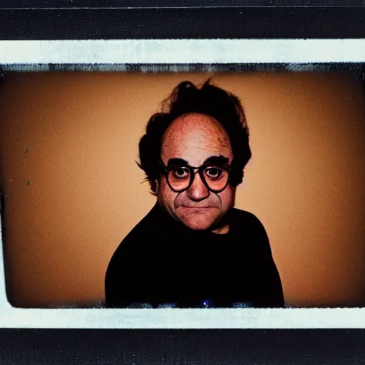 Image similar to A creepy polaroid photo of Danny Devito staring at you from the end of the hallway.