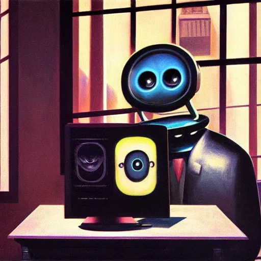 Image similar to a mesmerized robot with large glowing eyes staring at a computer screen, portrait, pj crook, grant wood, edward hopper, syd mead, chiaroscuro, oil on canvas