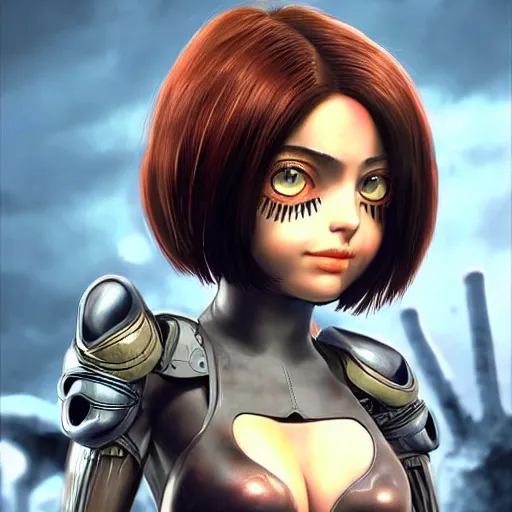 Image similar to battle angel alita!! very realistic, in the style of vitaly bulgarov, gally, zbrushcentral, pinterest, deviantart, artstation