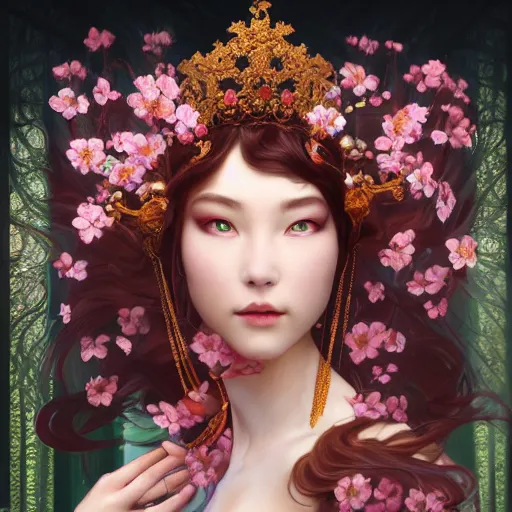 Image similar to a photograpic portrait of a anthropomorphic cherry - blossom queen spirit, fantasy, intricate, elegant, highly detailed, digital painting, artstation, concept art, smooth, sharp focus, illustration, art by artgerm and h r giger and alphonse mucha