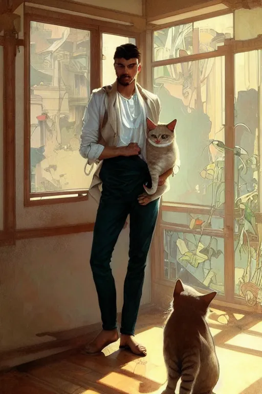 Prompt: full body portrait of a single beautiful young fit man, modern haircut, open shirt, large pants, holding a kitty in his arms, by greg rutkowski and alphonse mucha, d & d character, in front of a modern room background, highly detailed portrait, digital painting, artstation, concept art, smooth, sharp focus ilustration, artstation hq
