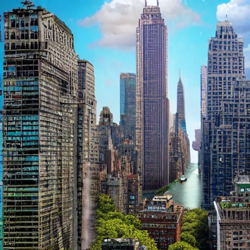 Prompt: ruination flooded new york city in the year 3100, skyscrapers, vegetation growing back onto buildings, people sailing through between the buildings, hyper-realistic, photorealistic, 8k, F5.6, highly detailed, skycrapers, alone