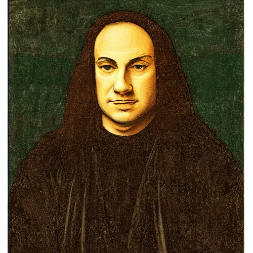 Image similar to portrait of Benjamin Netanyahu in black garbs by Leonardo de Vinci, scenic background, black brown green color palette