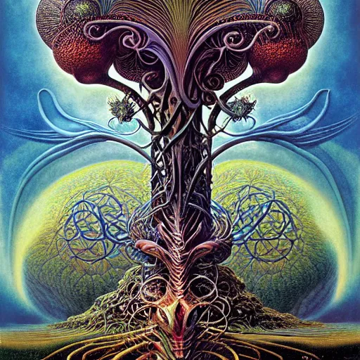 Image similar to divine chaos engine by roger dean and andrew ferez, tree of life, symbolist, visionary, art forms of nature by ernst haeckel, art nouveau, botanical organic fractal structures, surreality, detailed, realistic, deep rich moody colors