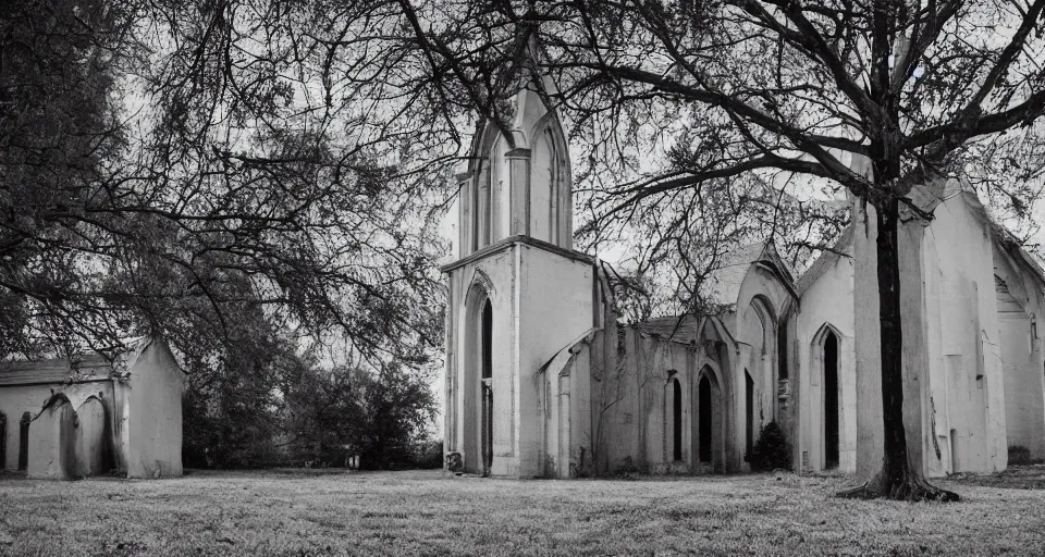 Prompt: Ghosts circling an old forgotten church, Ari Aster photography, a24