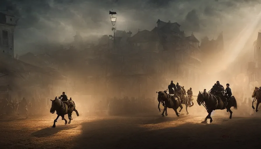 Prompt: police riding a mechanical horse through an orwellian town, troops searching the area, furious action scene, an epic fantasy, dramatic lighting, cinematic, establishing shot, extremely high detail, photorealistic, cinematic lighting, artstation, octane render, by Christopher Nolan, horizon forbidden west