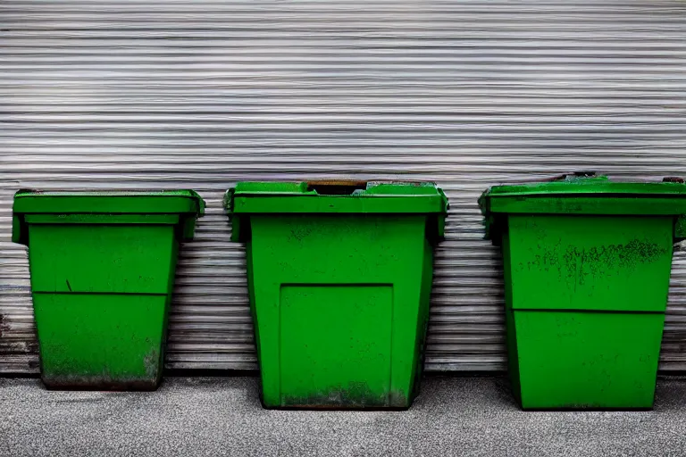 Prompt: two gigantic beat - up, and worn out green dumpsters against a totally white background