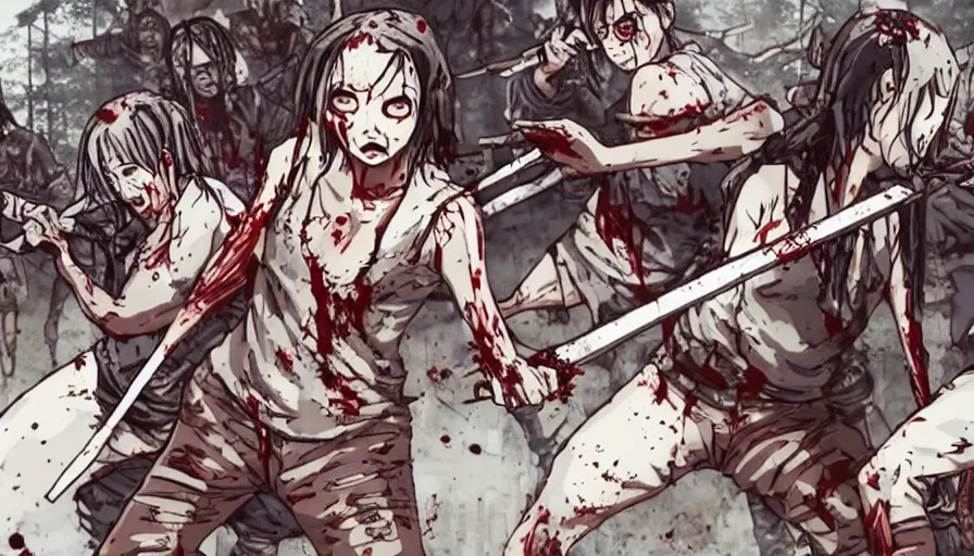 Image similar to full - body action shot of a well - armed female with tattered, blood - soaked clothing, using a sword to fight a horde of the walking dead, in the style of a highly - detailed anime characters