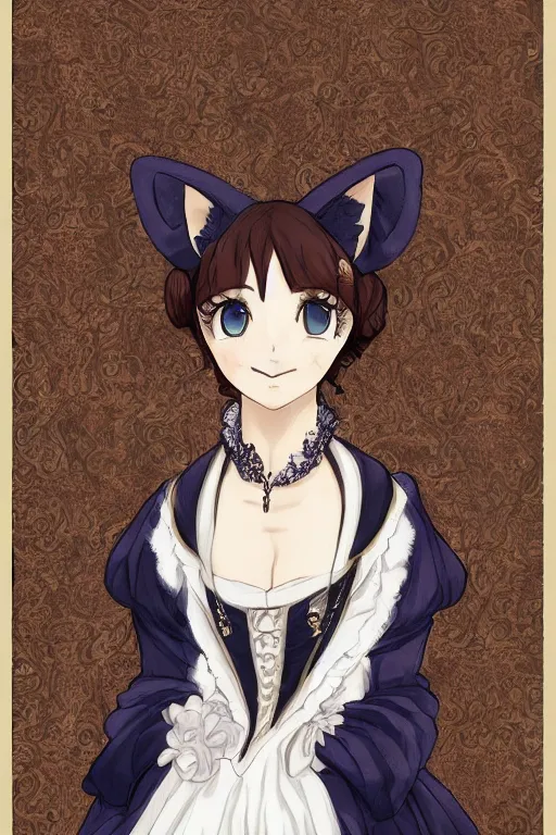 Image similar to beautiful portrait of calico cat noblewoman wearing a victorian era dress, fursona, furry art, anthro, detailed fur, detailed dress, elegant, pure, delicate, anime key visual, makoto shinkai