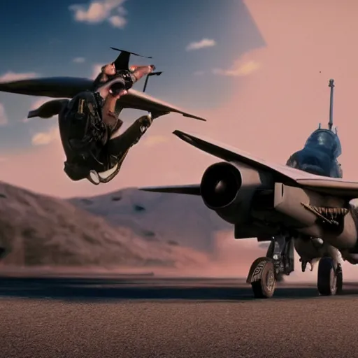 Prompt: An action scene from Top Gun II in the style of old silent movies, highly detailed, octane render