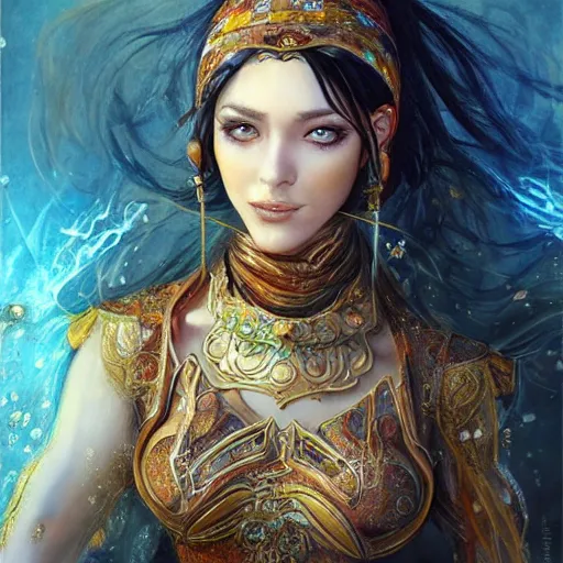 Image similar to a full body beautiful woman wearing a chedda from tlemcen by karol bak, ayami kojima, artgerm, sakimichan, arabian beauty, blue eyes, smile, concept art, fantasy