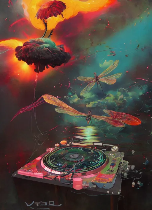 Image similar to surreal gouache painting, by yoshitaka amano, by ruan jia, by Conrad roset, by good smile company, detailed anime 3d render of a magical Dragonfly flying on a DJ Mixer and the sun exploding in the background, Vinyl deck, controller, portrait, cgsociety, artstation, rococo mechanical and Digital and electronic, dieselpunk atmosphere