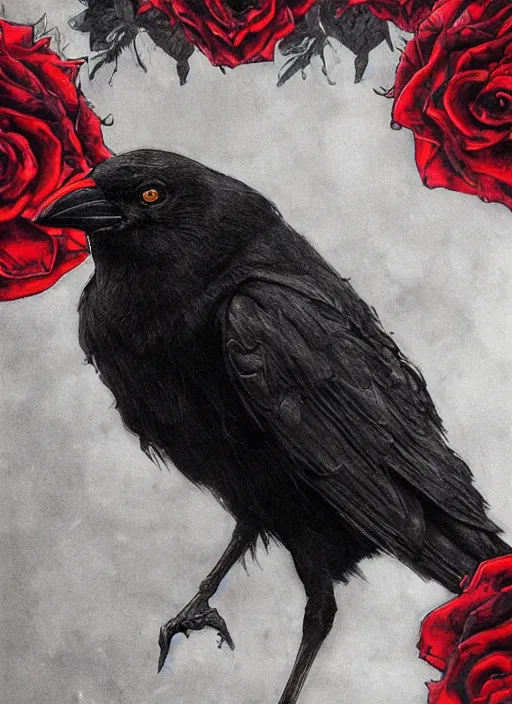 Image similar to portrait, A crow with red eyes in front of the full big moon, book cover, red roses, red white black colors, establishing shot, extremly high detail, foto realistic, cinematic lighting, pen and ink, intricate line drawings, by Yoshitaka Amano, Ruan Jia, Kentaro Miura, Artgerm, post processed, concept art, artstation, matte painting, style by eddie mendoza, raphael lacoste, alex ross