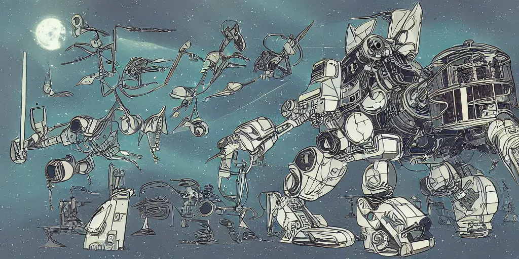 Image similar to beautiful schematic of an alien combat robot in space, mix of styles, schematic, solarpunk, illustration, intricate, highly detailed, sharp lines, studio ghibli color scheme