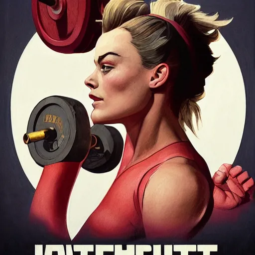 Image similar to socialist realism propaganda poster of margot robbie as beautiful female very muscular weightlifter from overwatch, portrait, profile picture, socialist realism, highly detailed, intricate, digital painting, artstation, sharp focus, illustration, art by jakub rozalski, greg rutkowski, artgerm, tan zi and ayanamikodon and alphonse mucha and wlop