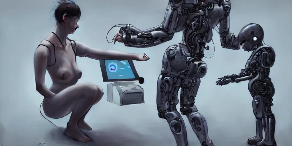 Image similar to hyperrealistic photography of a cyborg patting an android machine in the style of Jin Kagetsu, patricia piccinini, James Jean and wlop, highly detailed, masterpiece, award-winning, sharp focus, intricate concept art, ambient lighting, 8k, artstation