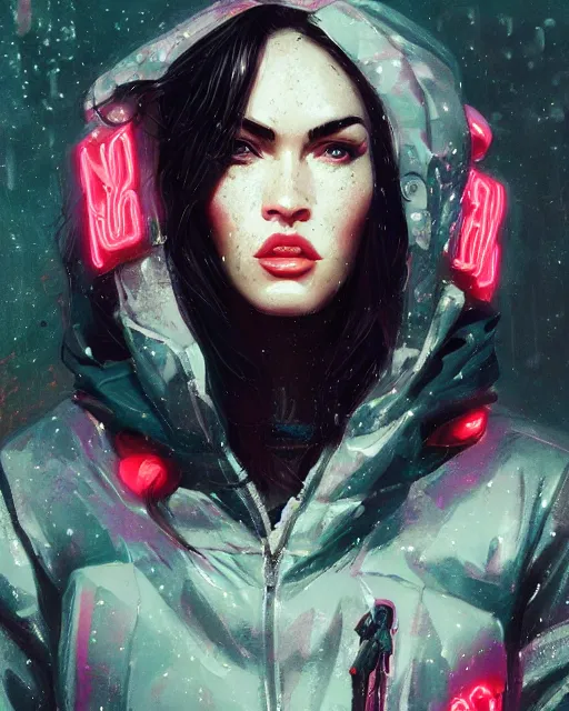 Prompt: detailed portrait Megan Fox Neon Operator Girl, cyberpunk futuristic neon, reflective puffy coat, decorated with traditional Japanese ornaments by Ismail inceoglu dragan bibin hans thoma greg rutkowski Alexandros Pyromallis Nekro Rene Maritte Illustrated, Perfect face, fine details, realistic shaded, fine-face, pretty face