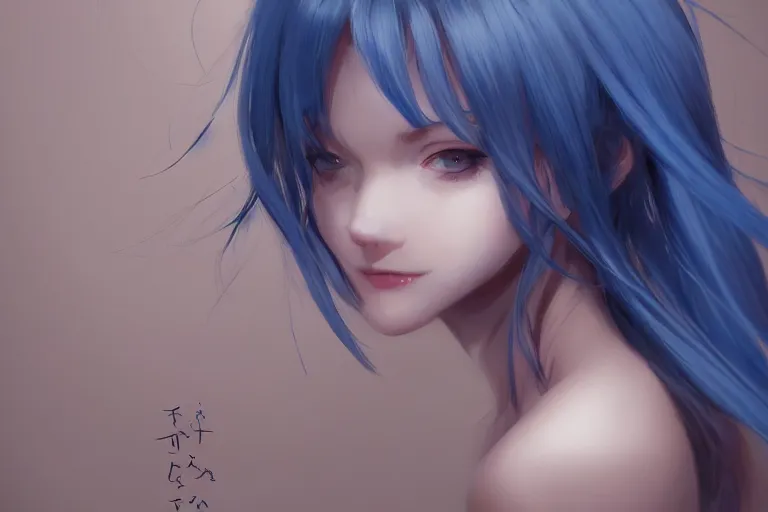 Image similar to Beautiful girl, blue hair, symmetrically, smiling, pixiv, artist WLOP artstation, artist Mam BA artstation, real photo, very detailed, realistic proportions, knowledge of anatomy, anatomy for beginners, true proportions of the face