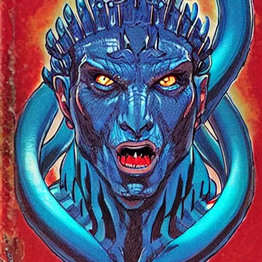 Prompt: head and shoulders portrait of a medieval d & d fantasy anthropomorphic blue dragon - headed - human hybrid with electrcity magic, comic book cover art photo by phil noto, frank miller, hr giger, alex ross, glenn fabry