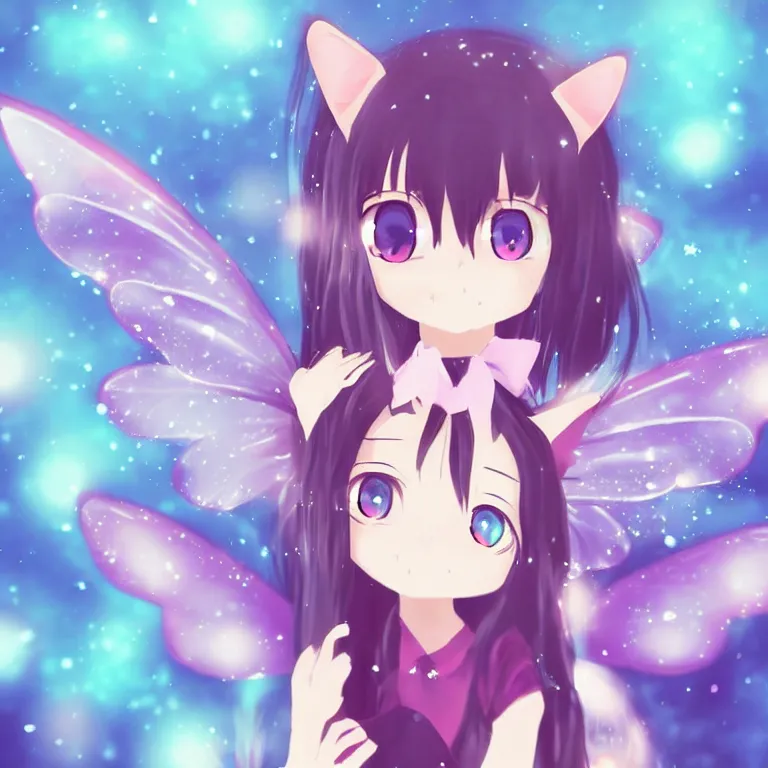 Prompt: cute, full body, female, anime style, a cat girl with fairy wings, large eyes, beautiful lighting, sharp focus, simple background, creative, heart effects, filters applied