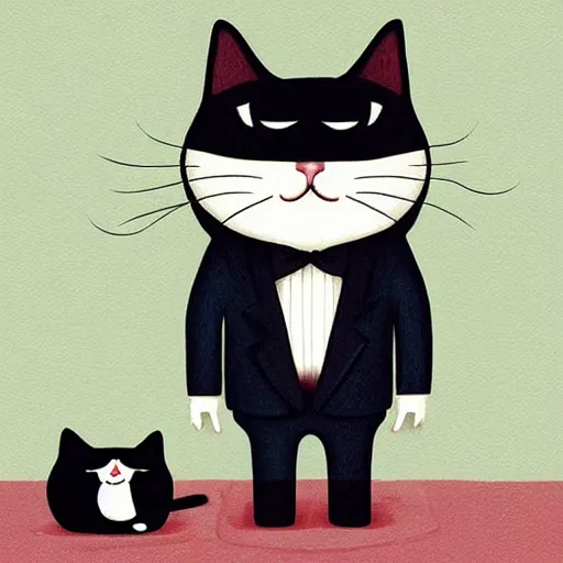 Prompt: portrait illustration of funny cat in the tuxedo by jeremiah ketner, quint buchholz, wlop, dan mumford