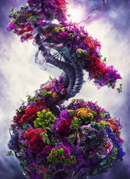 Image similar to An epic fantastic realism comic book style painting of the most beautiful entwined flowers launched gracefully across the dark spinning universe, tornado of bouquets, fisheye, unreal 5, DAZ, hyperrealistic, octane render, dynamic lighting