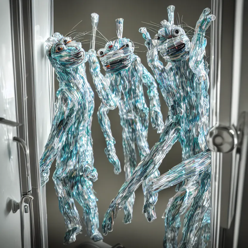 Image similar to photo of cellophane tape creatures crawling on bathroom cabinets, hdr, high - quality, highly detailed, 1 6 k