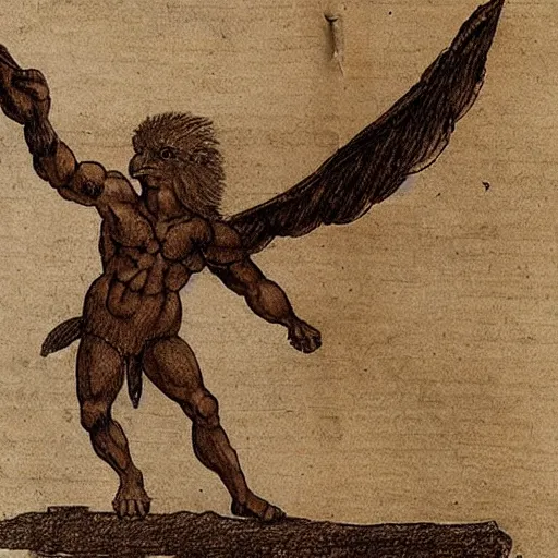 Image similar to human - eagle creature with one big beak, drawn by da vinci