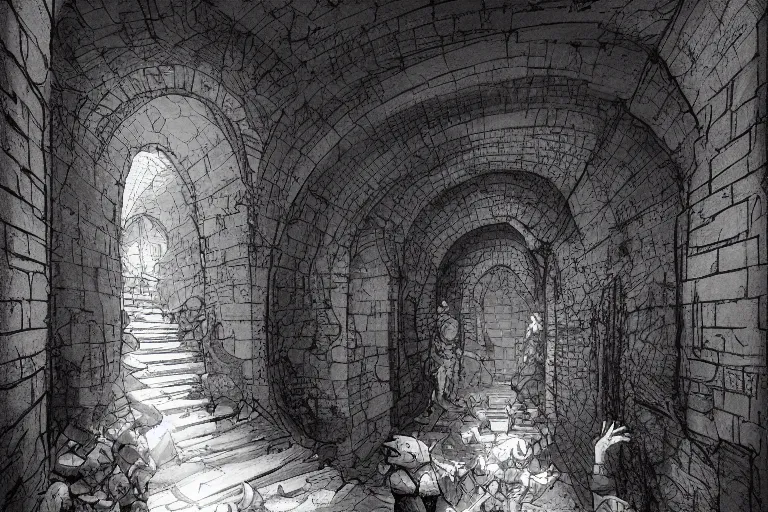 Prompt: black and white one point perspective meadhall dungeon cozy fantasy dungeon hallway view with pit in the middle of the ground by artgerm and Craig Mullins, James Jean, Andrey Ryabovichev, Mark Simonetti and Peter Morbacher 16k