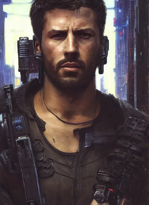 Prompt: buff joe. cyberpunk mercenary in a cyberpunk jumpsuit ( blade runner 2 0 4 9, cyberpunk 2 0 7 7 ). orientalist portrait by john william waterhouse and james gurney and theodore ralli and nasreddine dinet, oil on canvas. cinematic, hyper realism, realistic proportions, dramatic lighting, high detail 4 k