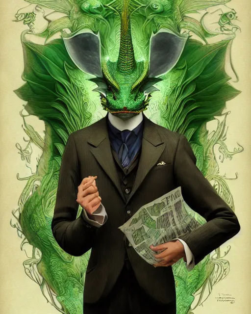 Prompt: anthropomorphic art of a businessman dragon, green dragon, portrait, victorian inspired clothing by artgerm, victo ngai, ryohei hase, artstation. fractal papers, newspaper. stock certificate, highly detailed digital painting, smooth, global illumination, fantasy art, jc leyendecker