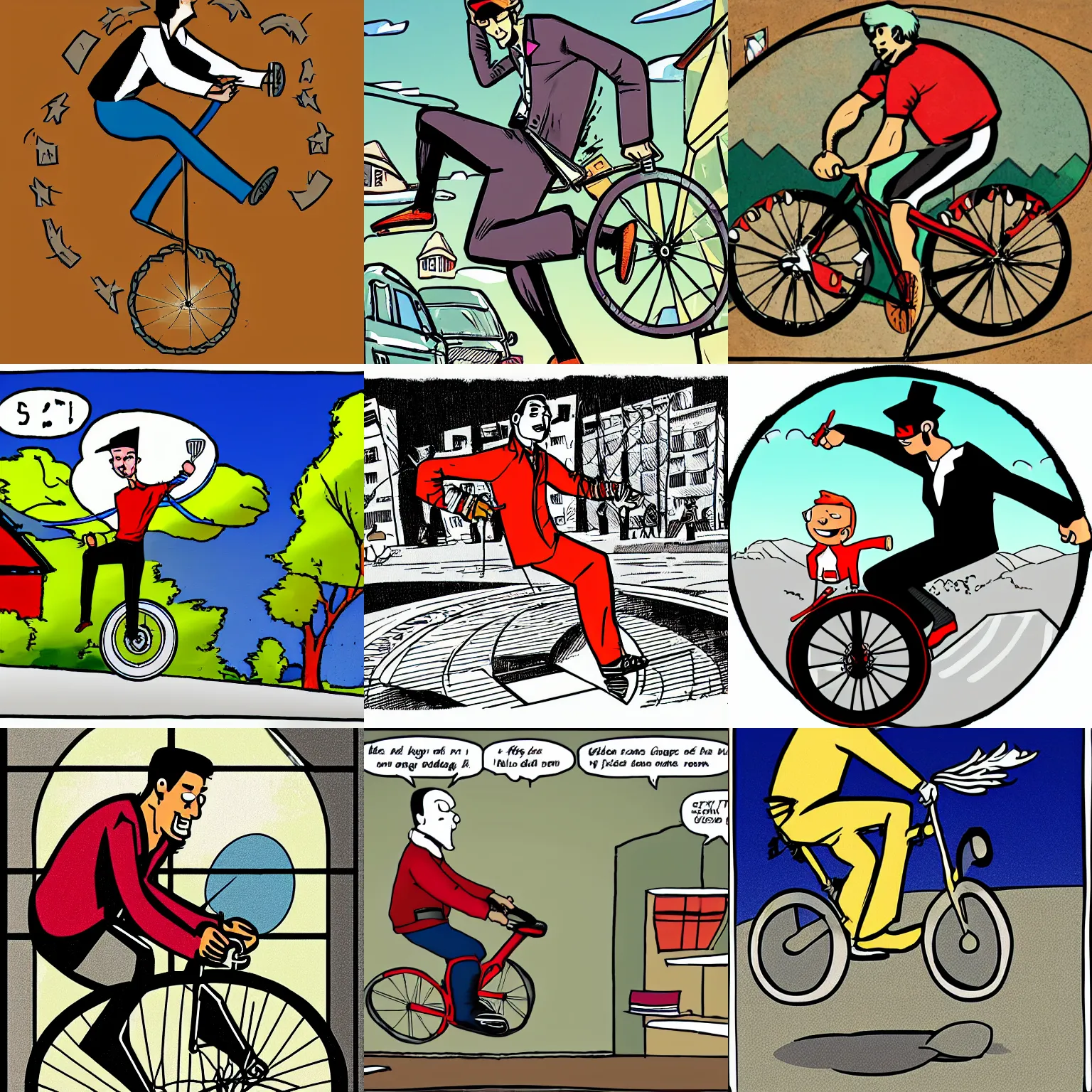 Prompt: comic panel of a man riding a unicycle, in the style of turhan selcuk