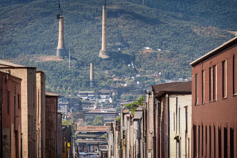 Image similar to looking down street, warehouses lining the street. hill background with radio tower on top. telephoto lens compression.