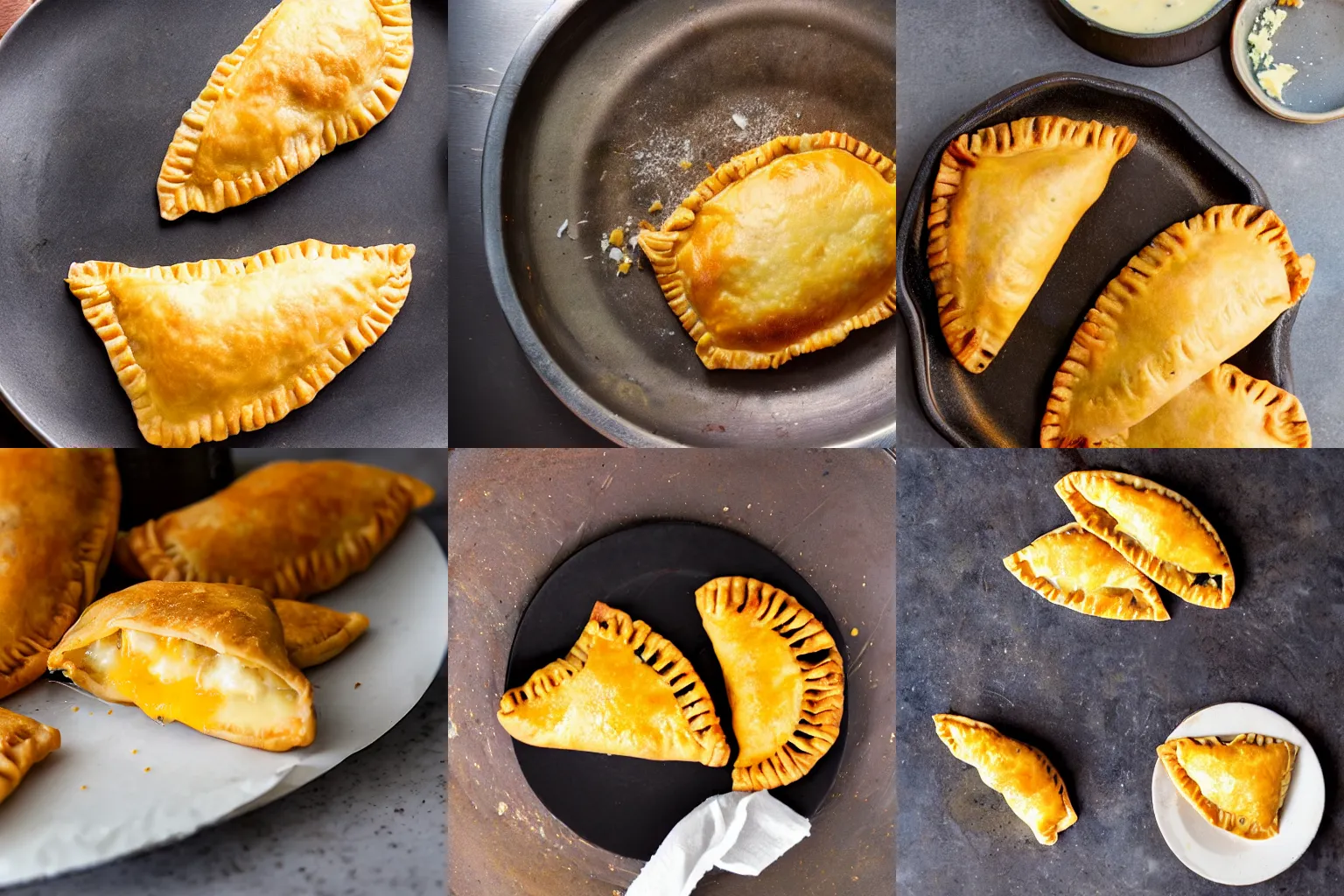 Prompt: empanada rotting from the inside sitting on stove top, cheese melting, cheese pouring out, toasted, yellow, metal plate