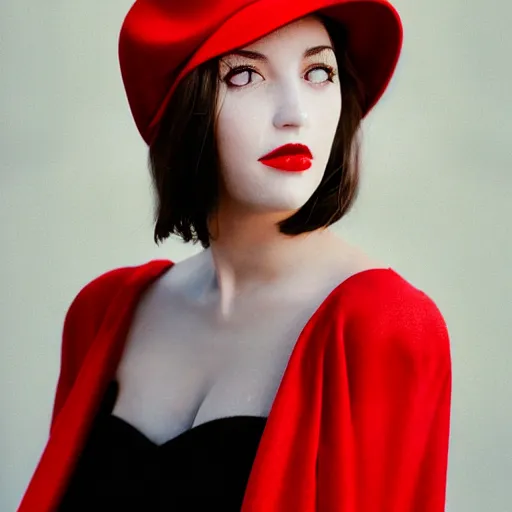 Image similar to fine art portrait photography half - length portrait of stunning girl in a red hat and black dress, kodak portra 4 0 0, 8 k, soft light, volumetric lighting, highly detailed,,