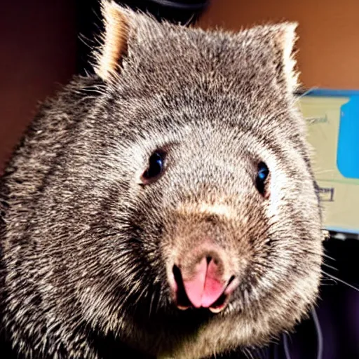 Prompt: a wombat singing at a karaoke, photo