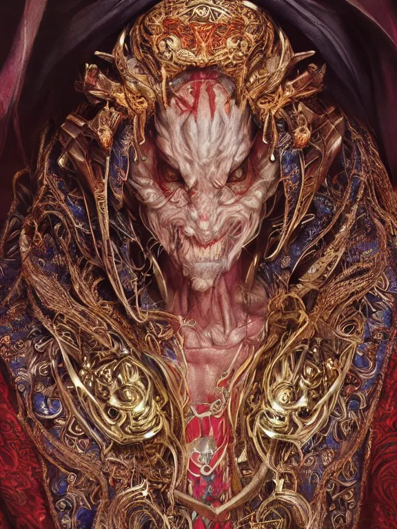 Image similar to portrait art of 8k ultra realistic lich wizard , detailed intricate ornate robe, full of colour, cinematic lighting, trending on artstation, 4k, hyperrealistic, focused, extreme details,unreal engine 5, cinematic, masterpiece, art by ayami kojima, giger