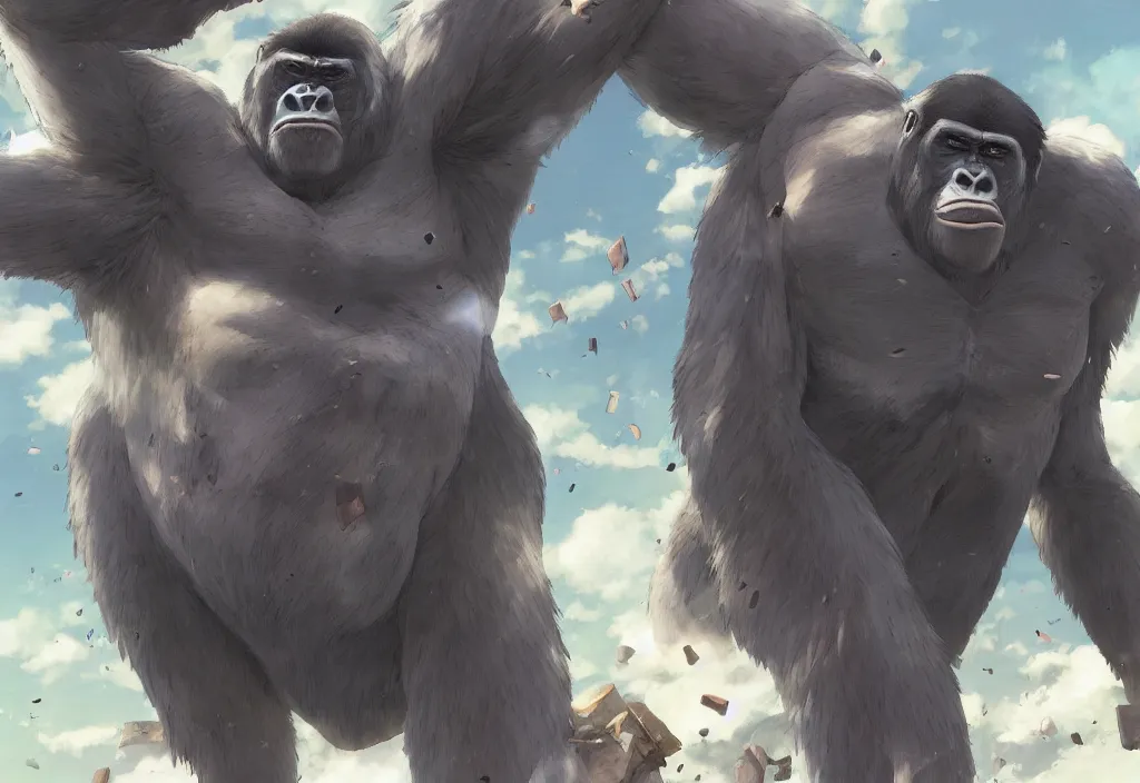 Image similar to a gigantic silverback gorilla beating its chest, by Makoto Shinkai, beautiful