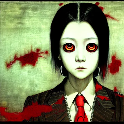 Image similar to yoshitaka amano blurred and dreamy realistic three quarter angle horror portrait of a sinister young woman with short hair, big earrings and red eyes wearing office suit with tie, junji ito abstract patterns in the background, satoshi kon anime, noisy film grain effect, highly detailed, renaissance oil painting, weird portrait angle, blurred lost edges