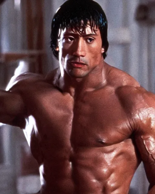 Image similar to Film still close-up shot of Dwayne Johnson as Rocky Balboa from the movie Rocky. Photographic, photography