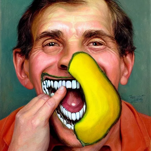 Prompt: dentist portrait of a dentist with large, giant teeth, rotten teeth, yellow, broken, cavities, moldy by Mark Brooks and Dod Procter