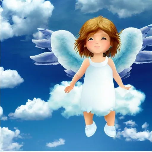 Image similar to bright blu sky. fluffy clouds. angels with big wings wake - up